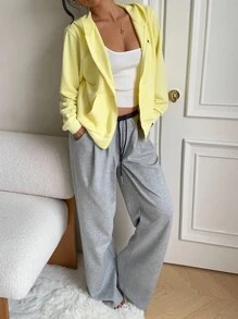 SHEIN EZwear Light Yellow Knitted Hooded Women's Rider Print Long Sleeve Zip-Up Sweatshirt Yellow Hoodie Women Yellow Sweatshirt In Fall/Winter