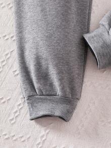 2 件套 Tween 女童秋冬羊毛拼布连帽夹克和运动裤套装，休闲百搭日常拉链装 - 深灰色 - 查看 5