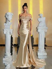 Glamrae 勃艮第红色优雅奢华酒红色露肩 3D 花卉珍珠亮片褶饰美人鱼下摆连衣裙，适合婚礼、派对、鸡尾酒会、节日、舞会（繁重工作） - 香檳色 - 查看 5