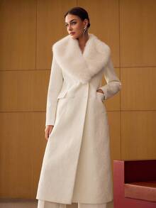 PREMIUM LACE CONTRAST FUZZY COLLAR DOUBLE BREASTED PLACKET LONGLINE OVERCOAT - White - View 4