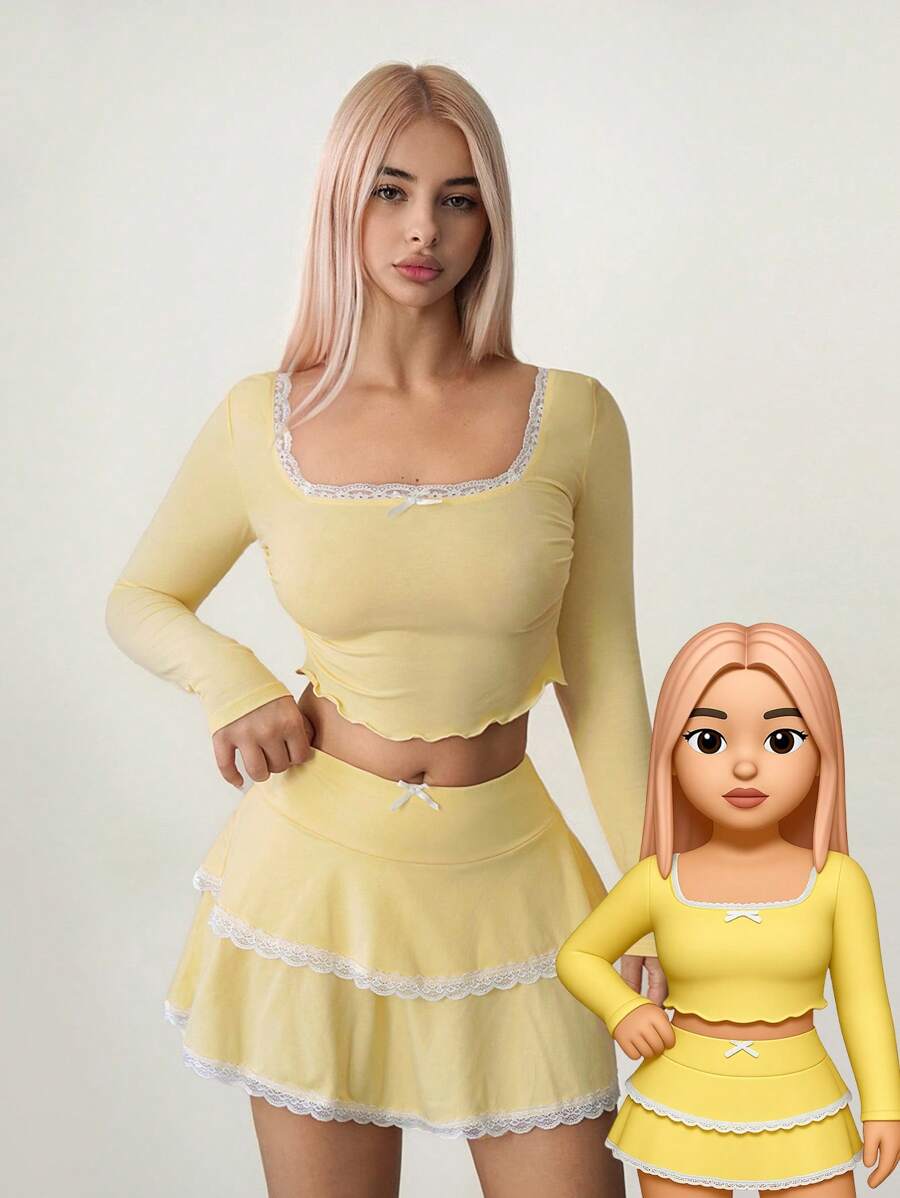 Sweetina 女士两件套黄色蕾丝蝴蝶结内衣套装，性感纯真风格秋季女装 - 黃色 - 查看 1