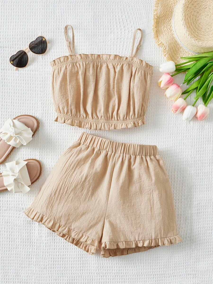 SHEIN Tween Girls 2Pcs Set Woven Solid Color Ruffle Trim Adjustable Strap Crop Top And Ruffle Hem Shorts
