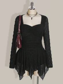 SHEIN ICON 大码女式纯色褶皱方领长袖不对称下摆连衣裙、Y2k 复古不对称下摆连衣裙、万圣节服装、女巫服装黑色连衣裙 - 黑色 - 查看 1