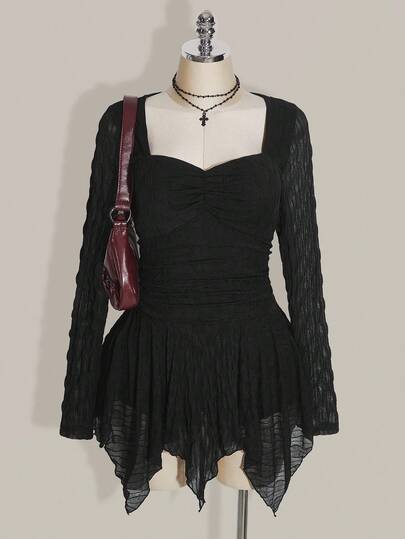 SHEIN ICON Plus Size Women's Solid Color Pleated Square Neck Long Sleeve Asymmetrical Hem Dress, Y2k Vintage Asymmetrical Hem Dress, Halloween Costume, Witch Costume Black Dress