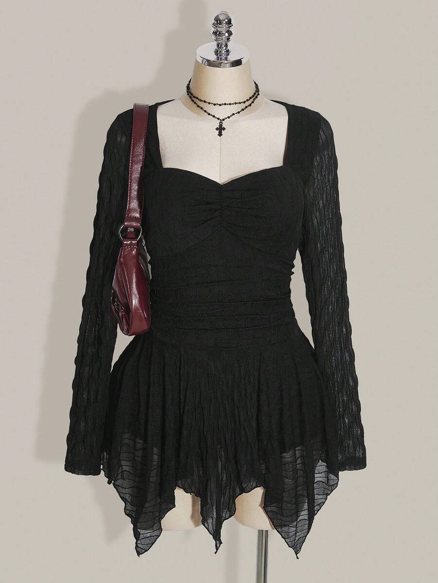 SHEIN ICON 大码女式纯色褶皱方领长袖不对称下摆连衣裙、Y2k 复古不对称下摆连衣裙、万圣节服装、女巫服装黑色连衣裙 - 黑色 - 查看 1