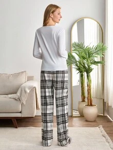 EURMUSE Conjunto de pijama de algodão PLUS CURVE com 2 peças, camisa de manga comprida com letras e calças de dormir xadrez, roupa de dormir para casa