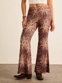 SHEIN VCAY Plus Size Women's Elastic Waist Sun Face Print Flare Pants Sun Print Pants Bohemian Pants Autumn Clothes Western Clothes For Women - Coffee Brown - View 4