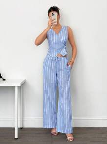 SHEIN Tall 2 pièces Ensemble Top enveloppant rayé et pantalon pour femmes, décontracté et affinant, convient pour l'été et l'automne