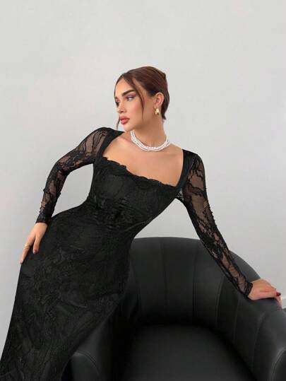 Aloruh فستان مرايل جديد للنساء بأكمام طويلة من الدانتيل على شكل S مثير للحفلات والمناسبات المسائية وعشاء المواعدة