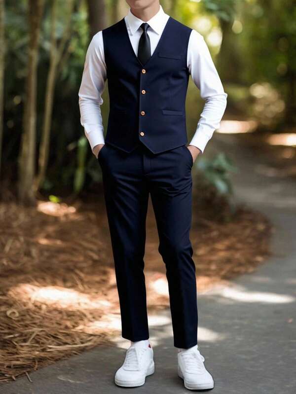 SHEIN 2pcs/Set Teen Boy Gentleman Outfit, Navy Blue Slim Fit Vest + Textured Pants, Elegant Formal Suit For Birthday, Wedding, Wedding Guest, Pageboy, Ring Bearer, Back To School,Halloween,Christmas Fall Winter