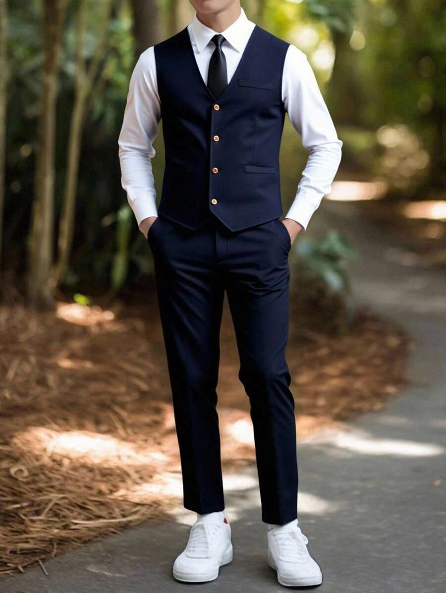 SHEIN 2 件套青少年男孩绅士装,海军蓝修身背心 + 纹理裤,优雅正式西装,适合生日、婚礼、婚礼嘉宾、花童、戒指持有人、返校 - 藏蓝色 - 查看 1
