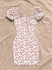 Soleia 碎花前打結褶邊泡泡袖緊身連衣裙 - 彩色 - 查看 2