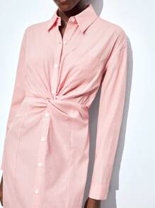 Maija 长袖连衣裙，腰部打结，衬衫领，单排扣设计，褶皱腰身，适合音乐节、复活节、都市商务休闲场合，秋冬 - 粉色 - 查看 6