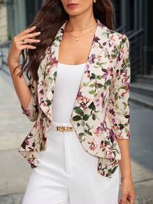 Editum Women Elegant Floral Print Ruffle Hem Cinched Waist Open Front Blazer Jacket - Multicolor - View 1