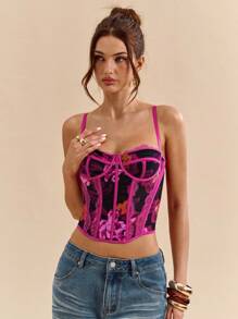 SHEIN BAE Top corset elegante con estampado floral de encaje para mujer, verano - Morado - Ver 3