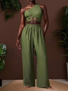 Veslaya Autumn And Winter Elegant Vacation Daily Date Birthday Party Simple Commuter One Shoulder Waist Cross Strap Slim Fit Top + Wide Leg Ultra-Long Pants Woven Fabric Plus Size Women's Sets - Green - View 3