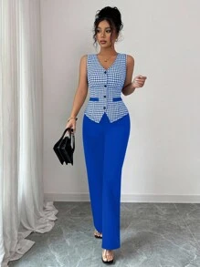 Selianne 女士优雅千鸟格背心上衣和裤子两件套 - 寶藍色 - 查看 4