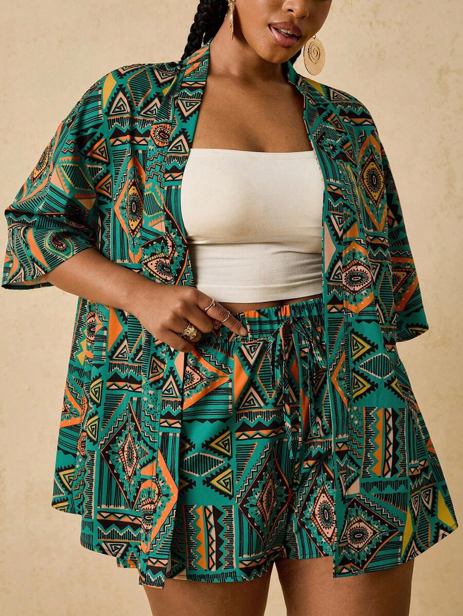 Travachic Plus Size Casual Loose Colorful Print Geometric Pattern Kimono Shirt + Loose Shorts Women 2 Pieces Set,Fall Clothes For Women - Green - View 1