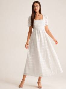 GENKIRA Fashionable & Elegant Fringed Crochet Fabric Square Collar Short Sleeve Dress, Early Autumn - White - View 8