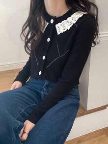 FRIFUL Women's Lace Embellished Color Block Long Sleeve Cardigan - Black - View 2