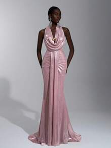 Elitara 优雅、浪漫、性感、极简、有弹性、露肩、露背、紧身、低胸、鱼尾下摆、拖尾、时尚、网红风格、节日、度假、生日派对、婚礼活动、伴娘礼服 - 淺粉色 - 查看 3