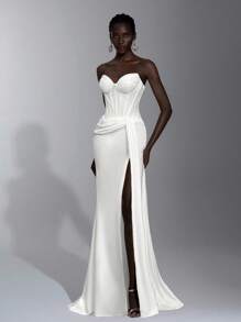 Elitara Elegant Lace Patchwork Satin Bustier With Sheer Bust, Ruched Waist, Cascading Ruffles And Fishtail Hem, Suitable For Vacation, Date, Birthday Party, Wedding, Graduation, Formal Gala, Valentine's Day - White - View 5