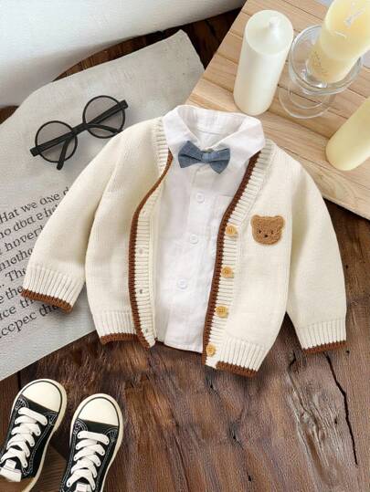 SHEIN Cream Embroidered Bear Design Open Front Long Sleeve Cardigan, Casual Minimalist Stylish Top For Toddlers Baby Boy Cardigan Baby Sweater Cardigan Baby Boy Sweater Baby Cardigan Sweater Baby Boy Knit Cardigan Baby Boys Long Sleeve Beige Knit Cardigan With Adorable Bear Patch And Collar Cute Beige Knitwear Baby Cardigan With Cartoon Patch And Collar For Boys Cute And Cozy Regular Fit Beige Knit Cardigan With Stylish Collar And Cartoon Accen Baby Boy Bear Cardigan Baby Boy Cardigan Fall Winter