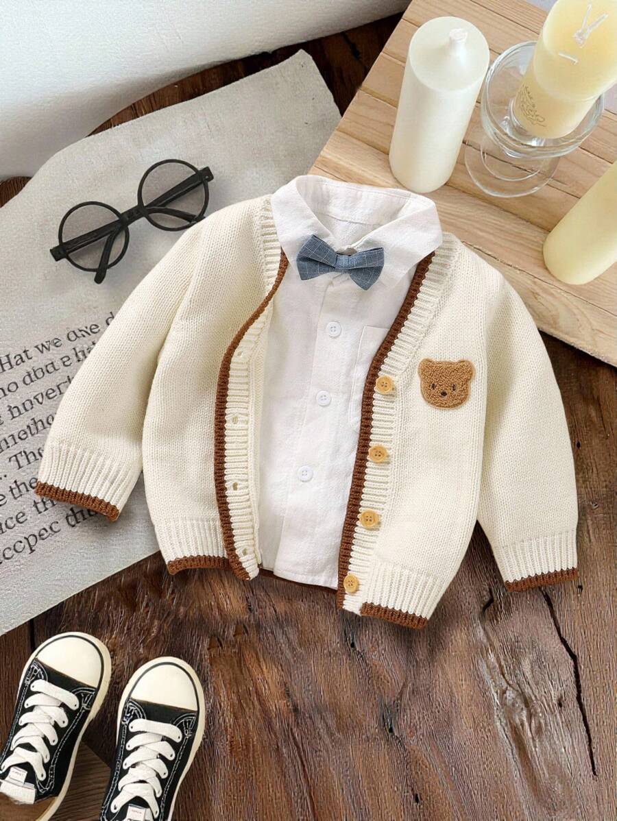 SHEIN Cream Embroidered Bear Design Open Front Long Sleeve Cardigan, Casual Minimalist Stylish Top For Toddlers Baby Boy Cardigan Baby Sweater Cardigan Baby Boy Sweater Baby Cardigan Sweater Baby Boy Knit Cardigan Baby Boys Long Sleeve Beige Knit Cardigan With Adorable Bear Patch And Collar Cute Beige Knitwear Baby Cardigan With Cartoon Patch And Collar For Boys Cute And Cozy Regular Fit Beige Knit Cardigan With Stylish Collar And Cartoon Accen Baby Boy Bear Cardigan Baby Boy Cardigan Fall Winter
