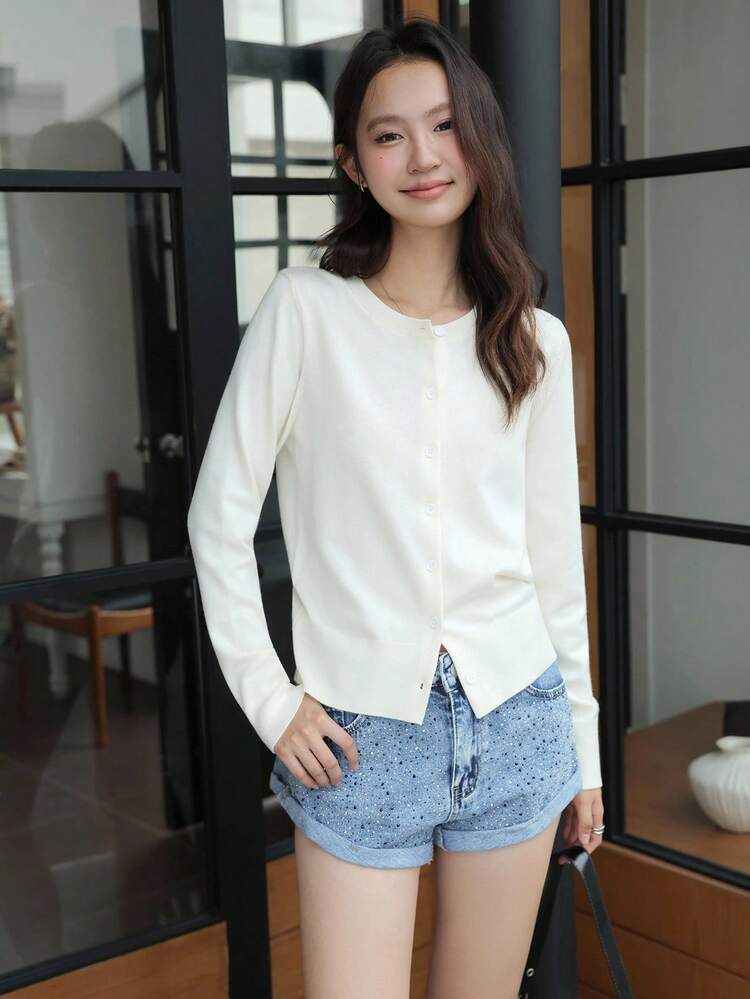 K-Vae 女士夏季水钻牛仔短裤，休闲高腰现代牛仔短裤，街头时尚牛仔短裤 - 中等水洗藍 - 查看 3