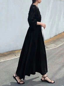 FRIFUL 女士提花V领灯笼袖优雅连衣裙长袖连衣裙 - 黑色 - 查看 4