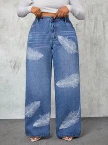 Slaydiva Quần jean ống rộng dáng rộng họa tiết lông vũ cỡ lớn dành cho nữ - Màu xanh lam - Xem 5