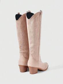 ROMWE Kawaii Giày bốt cao bồi miền Tây thêu thời trang cỡ lớn dành cho nữ, lót da lộn, bốt cao đến đầu gối, mẫu mới Thu/Đông 2025, ngoài trời, màu hồng - Màu be - Xem 10