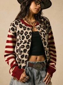 Easelle Round Neck Drop Shoulder Patterned Cardigan In Knitwear With Wrist-Length Sleeves And Bold Style Leopard Print Cardigan Women Crop Cardigan Women Striped Cardigan Women Animal Print Cardigan Women Cropped Cardigan Sweater,Fall Clothes For Women - Multicolor - View 4