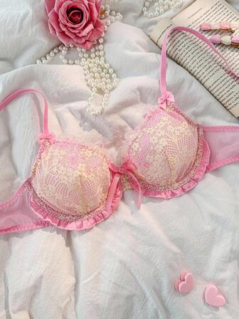 PetitDoll 女士撞色蝴蝶结装饰荷叶边蕾丝文胸