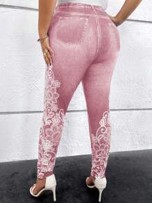 SHEIN Clasi 大码休闲花卉印花紧身牛仔裤 - 粉色 - 查看 2