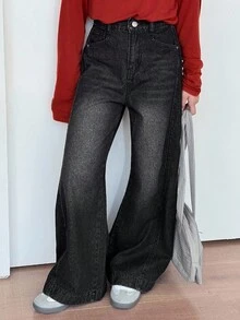 DAZY Tween 女童口袋阔腿宽松休闲百搭牛仔裤 - 灰色 - 查看 5