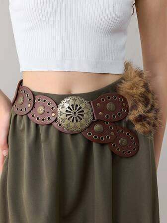 Hippie 1 Stück Damen Brauner Leoparden Muster Flauschiger Ovaler Perlen Dekor Bohemien Western Stil Taillengürtel, vielseitiges Accessoire für Kleider, Jeans