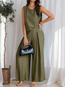 SHEIN LUNE 2pcs Women's Casual Solid Color Tank Top And Wide Leg Pants Set, Summer - Army Green - View 1