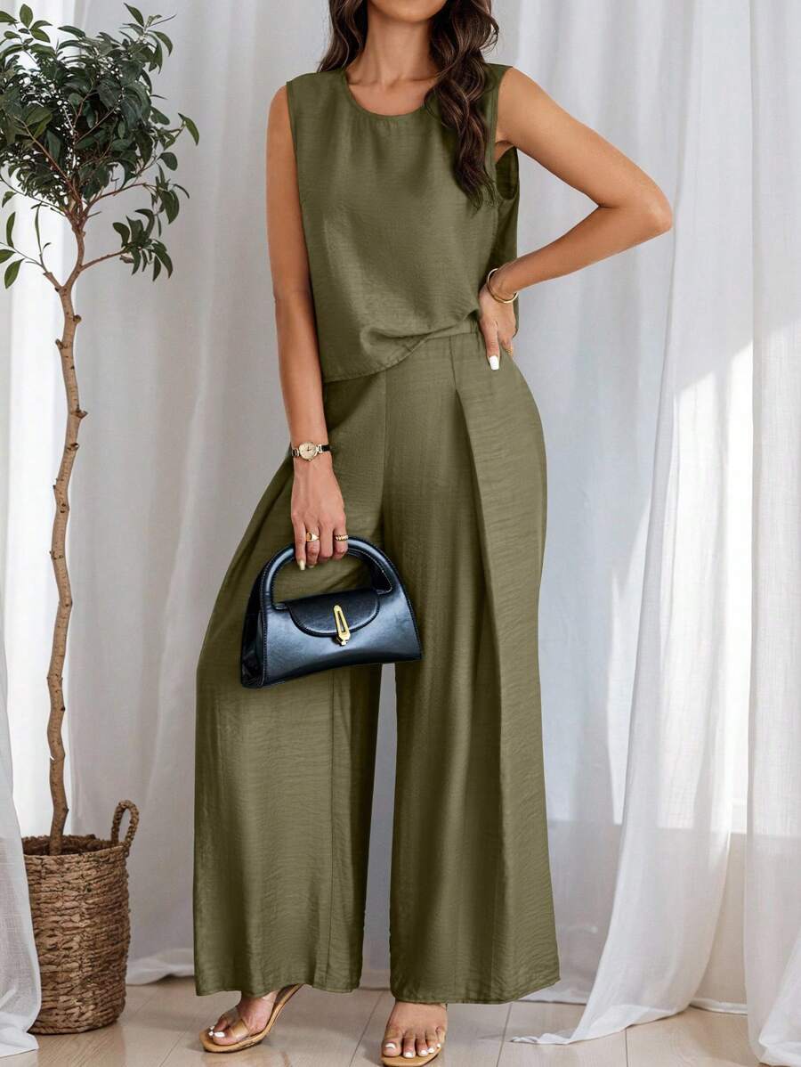 SHEIN LUNE 2pcs Women's Casual Solid Color Tank Top And Wide Leg Pants Set, Summer - Army Green - View 1
