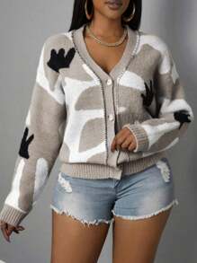 Slaydiva 秋冬新款休闲简约运动V领长袖露肩黑灰牛纹羊毛外套女开衫-A - 彩色 - 查看 6