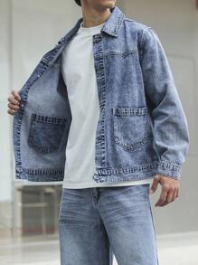 Manfinity Homme Plus Size Men's Long Sleeve Casual Light Blue Snow-Washed Denim Jacket , Fall - Blue - View 7