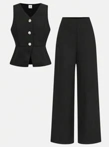 SHEIN Girlism Tween Girls Black Elegant Sleeveless Suit Vest And Pants Set, Commuting Outfit For Summer,Clean Girl, Back To School Season - Black - View 3