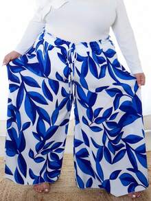 Pretty and Ole Plus Size All-Over Print Belt Tie Waist Wide Leg Pants - Blue - View 9