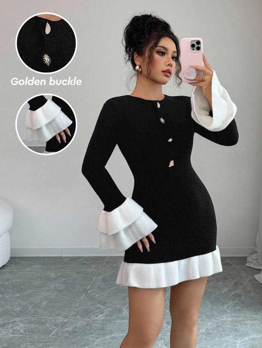 Elenzga Crew Neck Long Sleeve Classic Black & White Contrast Color Asymmetrical Metal Gold Bronze Button Decorative Ruffle Hem Bodycon Stretchy Comfortable Short Vintage Palace Style Elegant Casual Versatile Sweater Dress, Suitable For Multiple Occasions In Spring, Early Autumn, Winter Fall Cloth For Women - Multicolor - View 1