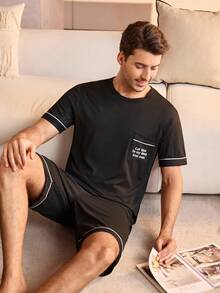 Manfinity Underwear&Sleepwear Basics 男士圆领短袖短裤睡衣套装 - 黑色 - 查看 1