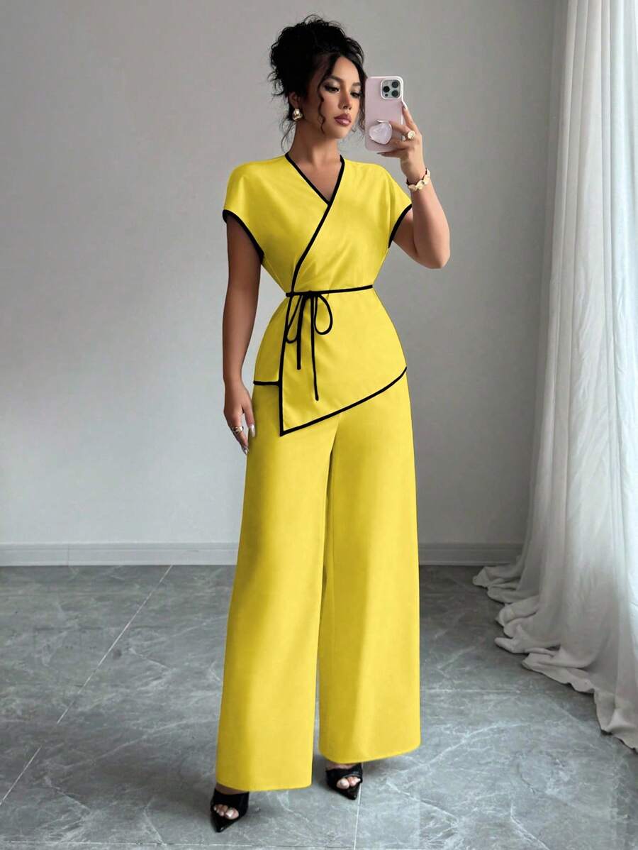 Elenzga 女式不对称下摆蝙蝠袖上衣和阔腿裤时尚两件套 - 黃色 - 查看 1