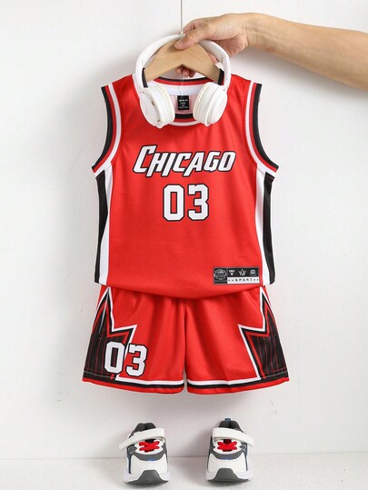 2pcs/Set Young Boys' Red Basketball Jersey Outfit, Sports Vest Set, Spring/Summer