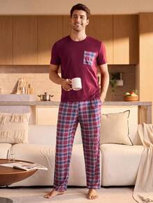 Manfinity Underwear&Sleepwear Basics 男士休闲T恤和格子裤睡衣套装 - 酒紅色 - 查看 5