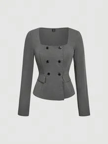 SHEIN MOD 2 件套灰色双排扣 V 领背心和裤子套装，办公室着装，复古优雅风格，学院时尚，职业，教堂女装 - 灰色 - 查看 5