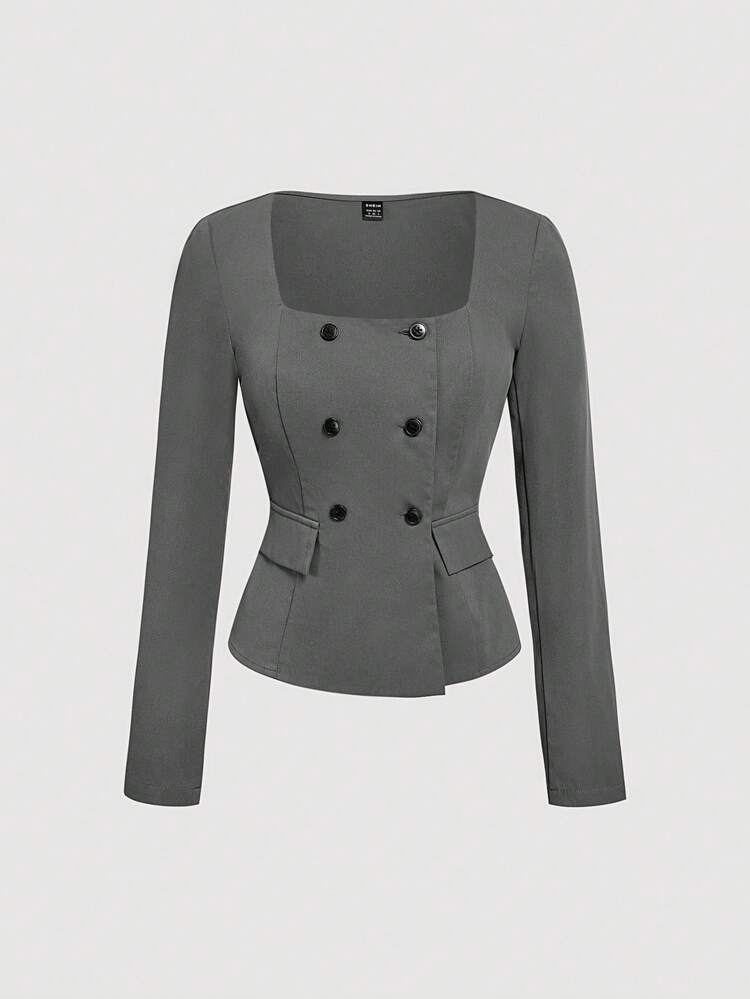 SHEIN MOD Bộ 2 món/Bộ vest cổ chữ V cài hai hàng khuy màu xám và quần âu, trang phục công sở, phong cách cổ điển thanh lịch, thời trang đại học, chuyên nghiệp, trang phục nữ đi nhà thờ - Xám - Xem 5